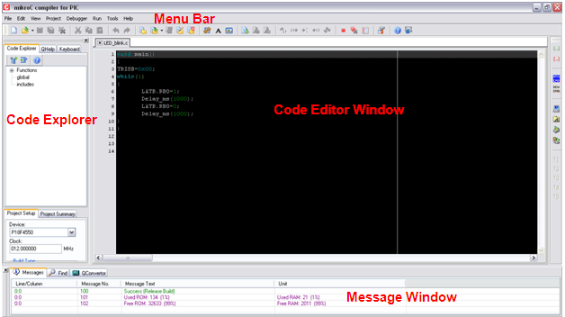 Screenshot showing parts of the MikroC IDE main window Captura de tela mostrando partes da janela principal do MikroC IDE