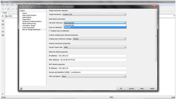 Captura de tela da seleção do Arduino Uno como hardware alvo no Simulink