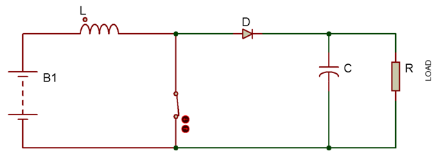 Circuit diagram showing the ON state of the switching component in the Boost converter Diagrama de circuito mostrando o estado LIGADO do componente de comutação no conversor Boost