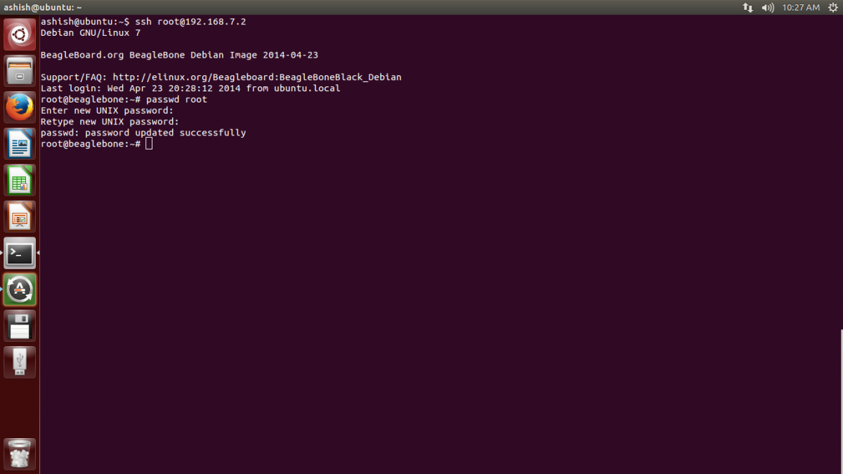 Captura de tela mostrando o console Linux com senha definida com sucesso no Beaglebone Black