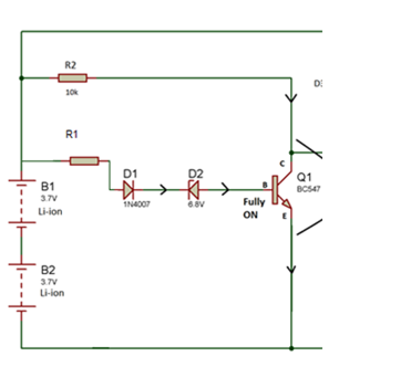 Diagrama de circuito mostrando a operação do relé na proteção contra sobrecarga da bateria