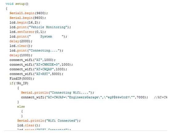 Captura de tela da função de configuração do código Arduino usado no dispositivo de rastreamento de veículos IoT