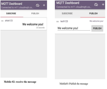Captura de tela móvel de tópicos de publicação e assinatura listados no painel IOT MQTT Publicar atividade de assinatura