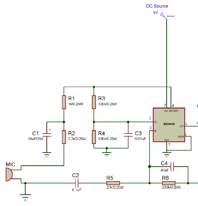 Diagrama de circuito do pré-amplificador de áudio de microfone baseado em IC MAX4468 