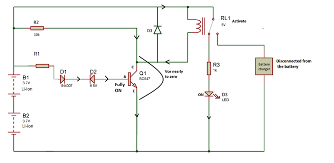 Diagrama de circuito mostrando o funcionamento completo da proteção contra sobrecarga da bateria