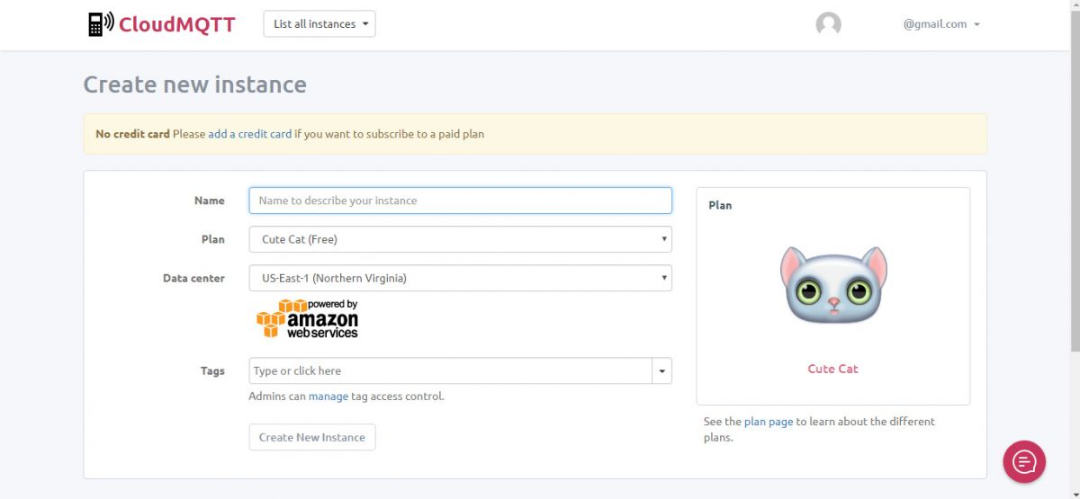 Captura de tela da criação de uma nova instância no CloudMQTT