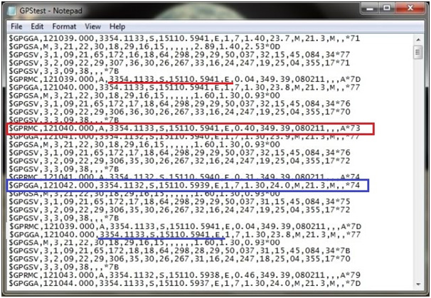 Captura de tela do aplicativo HyperTerminal mostrando cadeias de protocolo NMEA 0183 recebidas do receptor GPS NEO-6M