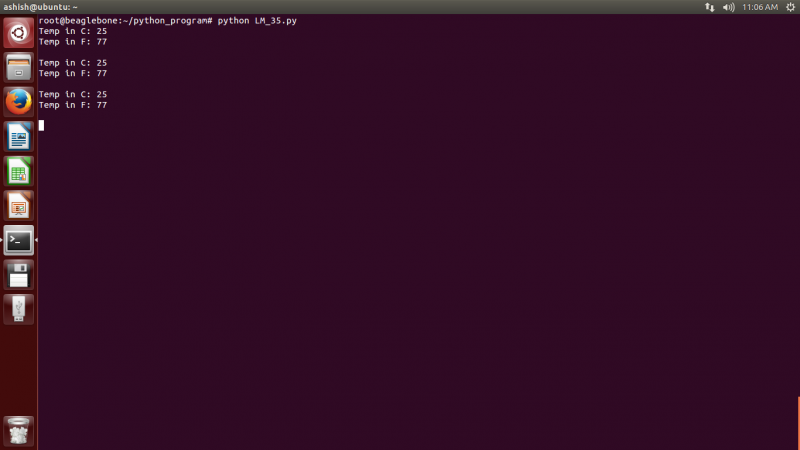 Captura de tela do console Linux mostrando leitura de temperatura