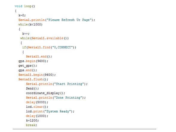 Captura de tela do Mani Loop do código Arduino usado no dispositivo de rastreamento de veículos IoT