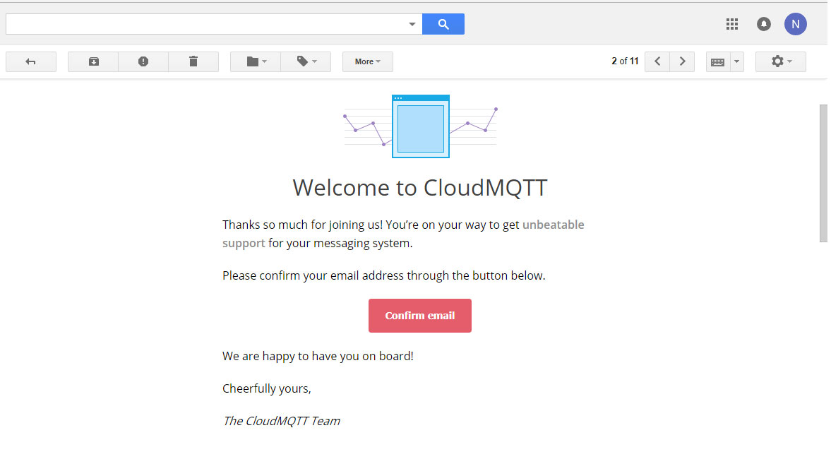 Captura de tela do e-mail de confirmação da conta do cliente do CloudMQTT