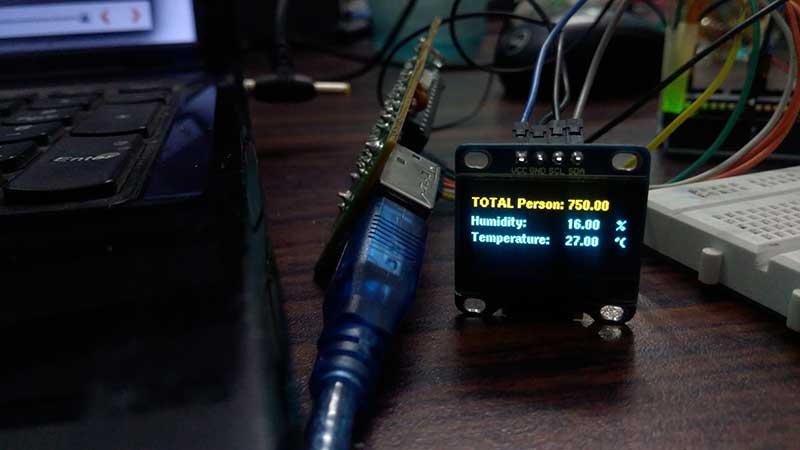 Imagem mostrando dados do sensor e contagem de visitantes exibidos no módulo OLED