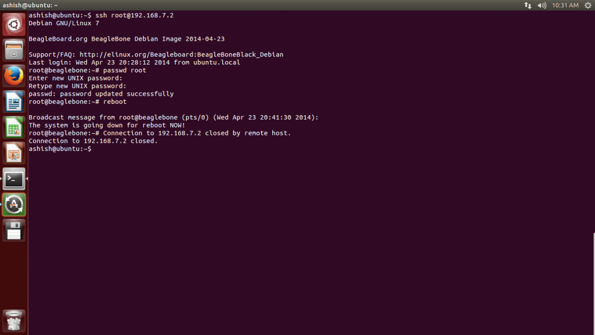 Captura de tela do login root do Linux no Beaglebone Black