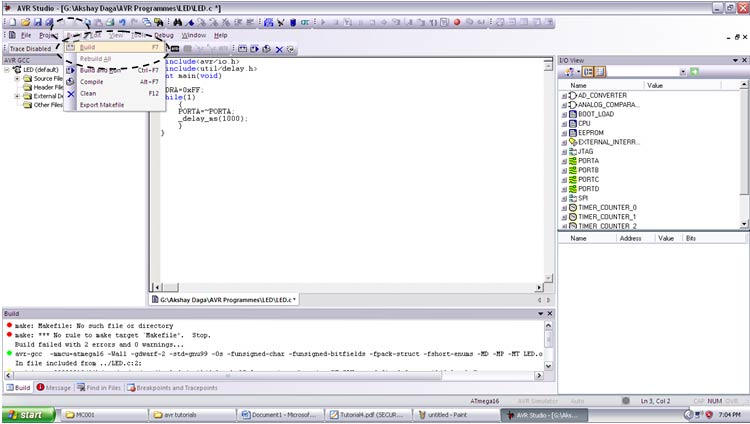 Screenshot of the Build menu in AVR Studio 4 Captura de tela do menu Build no AVR Studio 4