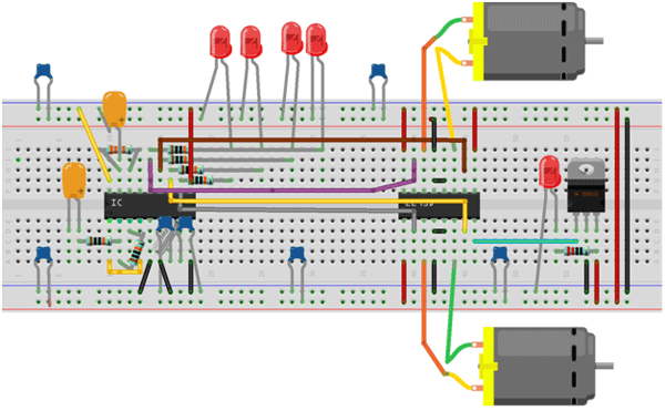 Imagem representativa do circuito de controle completo para Robot on Breadboard