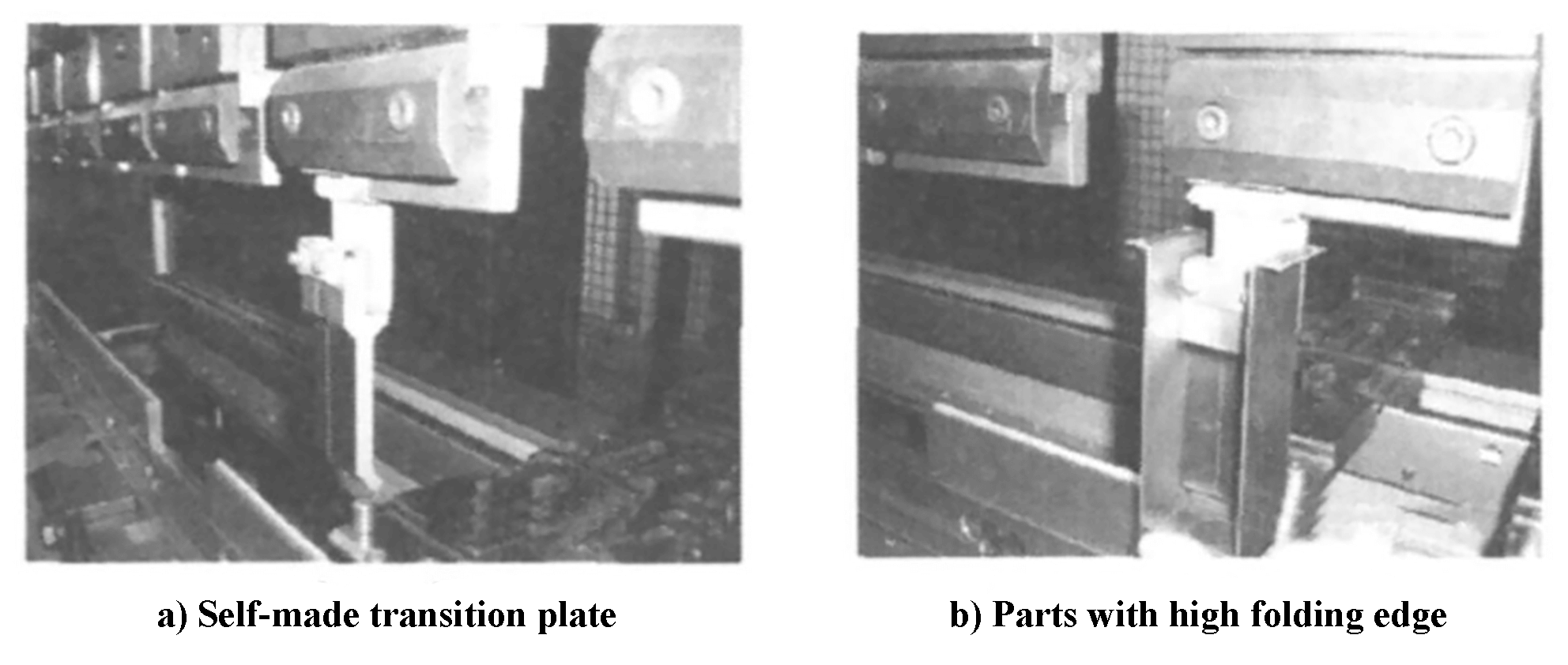 Fig. 1 Placa de transición de fabricación propia y piezas con borde de plegado alto