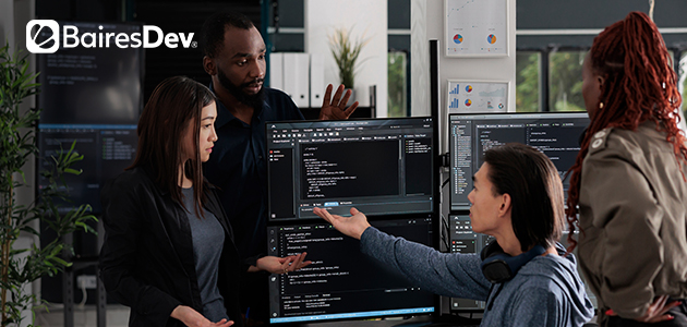 Team of diverse Python developers working on computer screen.