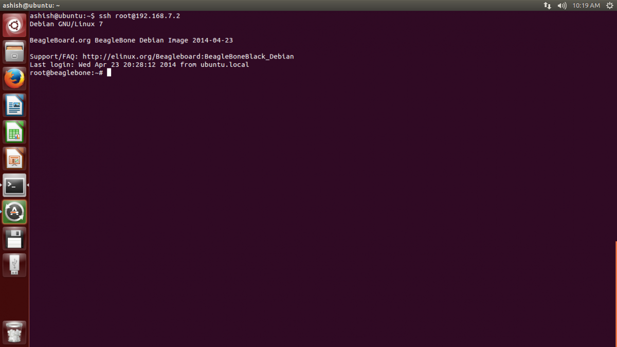 Captura de tela do console Linux no Beaglebone Black