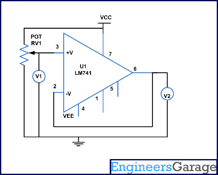 Diagrama de circuito para teste do pino inversor do LM741 IC