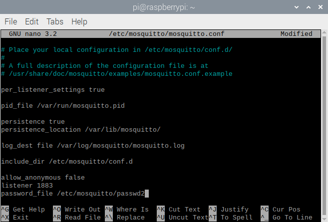 Editando mosquitto.conf no Raspberry Pi para adicionar mais senhas de usuário