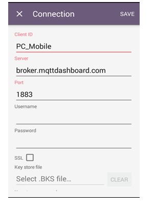 Mobile screenshot of new connection activity in IoT MQTT dashboard Captura de tela móvel da nova atividade de conexão no painel IOT MQTT