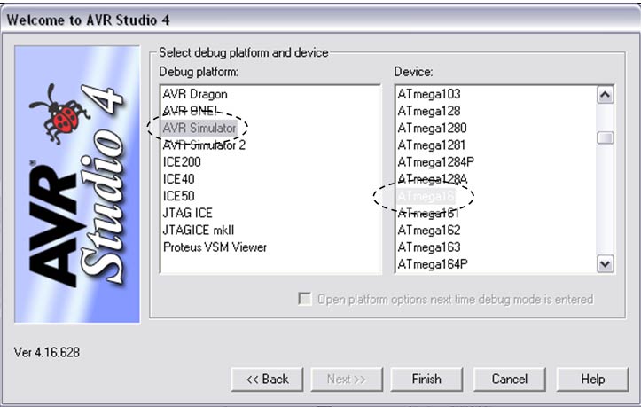 Captura de tela da seleção da plataforma de depuração e do dispositivo de destino no AVr Studio 4