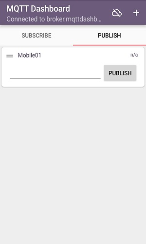 Captura de tela móvel de tópicos de publicação listados no painel IOT MQTT Publicar atividade de inscrição 