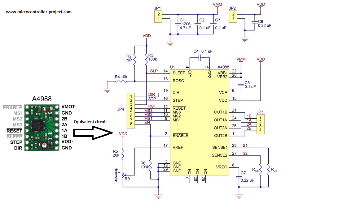 Circuito equivalente del controlador del motor paso a paso A4988