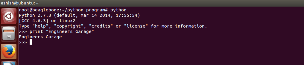 Captura de tela da impressão de mensagem por script Python no console Linux no Beaglebone Black