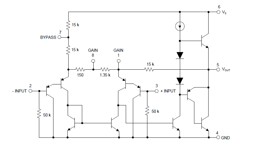 Diagrama de circuito interno do LM386 IC