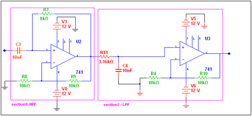 Diagrama de circuito do filtro passa-banda larga baseado em IC LM741 OPAMP