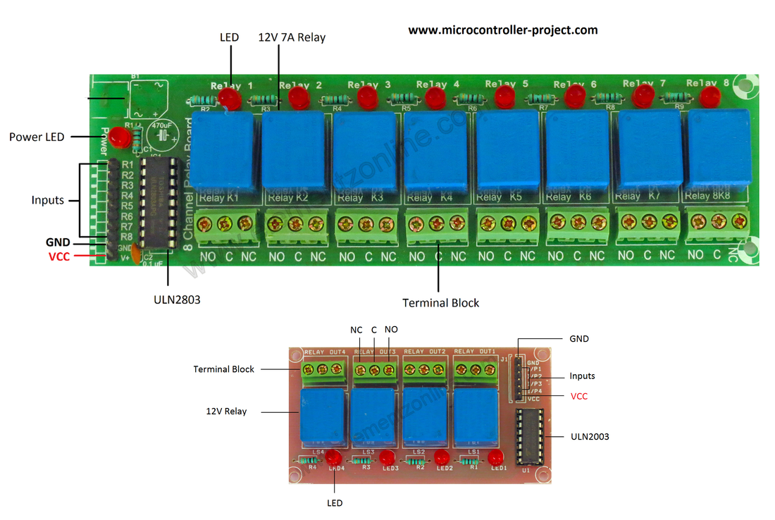 4 or 8 channel relay board for microcontroller with ULN2003 and ULN2803 relay driver