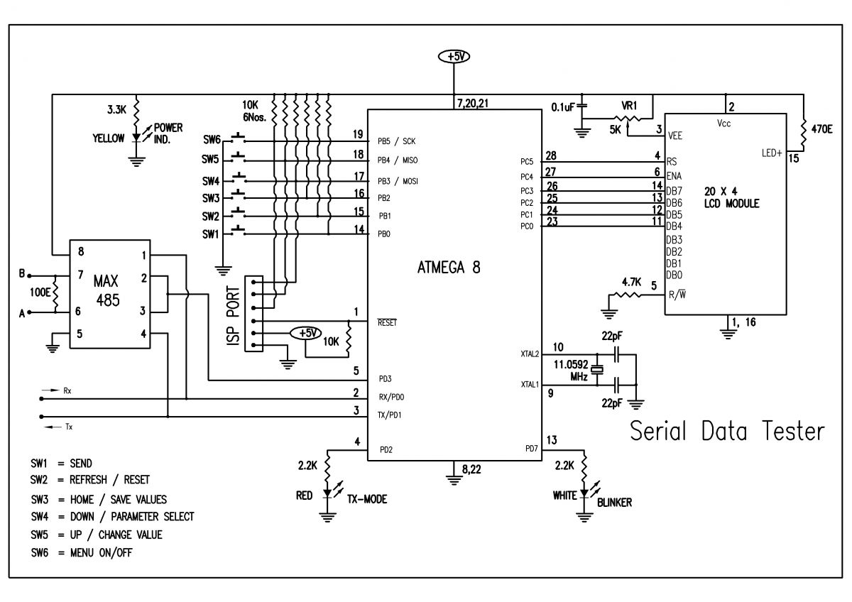 Diagrama de circuito do receptor de dados UART universal baseado em AVR ATmega8 e testador UART