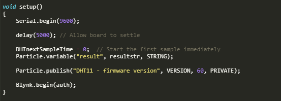 Captura de tela da função de configuração no código C incorporado usado no Particle Photon para o sistema de monitoramento meteorológico IoT 