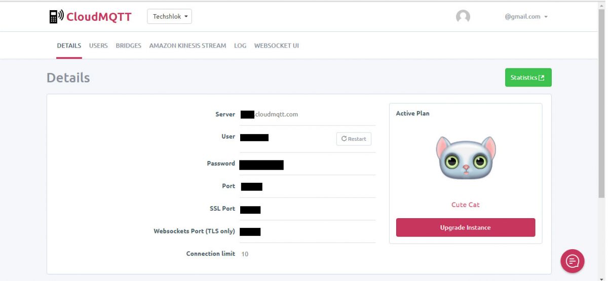 Captura de tela dos detalhes da instância no CloudMQTT