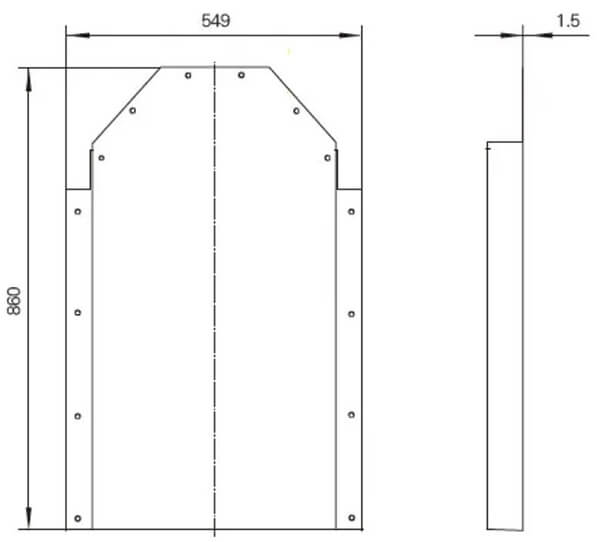 Diagrama de dimensiones de la tapa trasera de una caja de potencia.