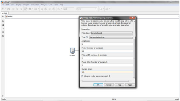 Captura de tela das propriedades do gerador de pulso no Simulink