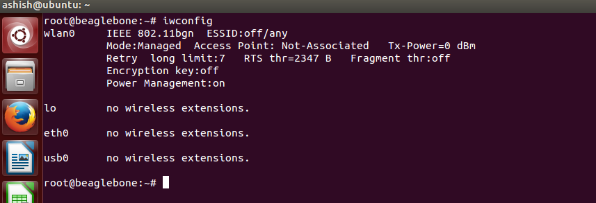 Captura de tela da verificação do adaptador sem fio do console Linux no Beaglebone Black