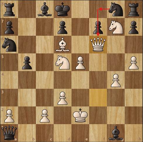 A wooden chess board with a game in progress showing the black knight about to the capture white's queen