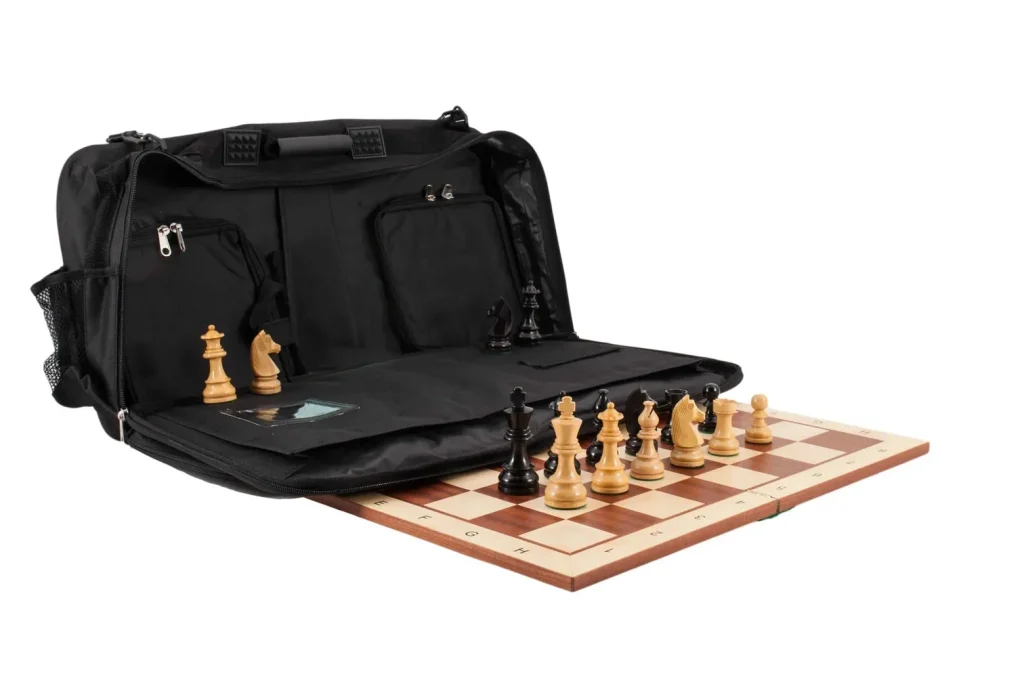 A wooden chess board, pieces, and chess bag.