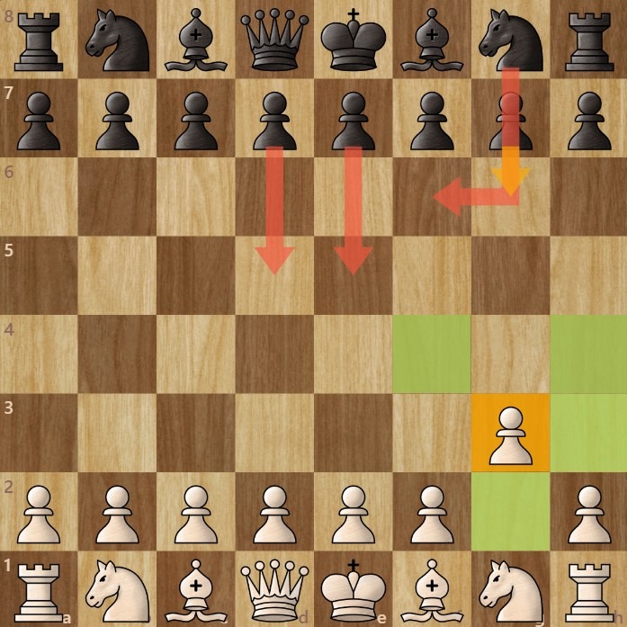 A chessboard diagram showing the chess starting move 1. g3 and the squares it controls.