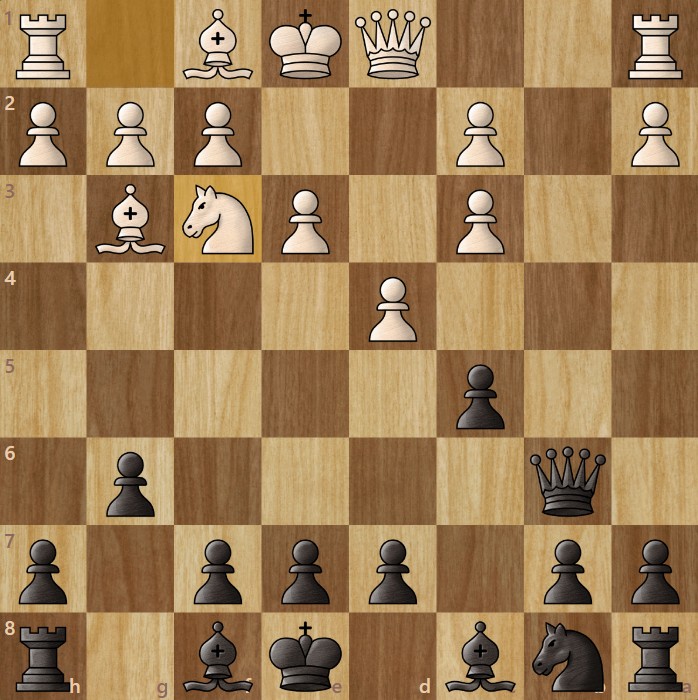 A chessboard diagram with a chess opening puzzle.