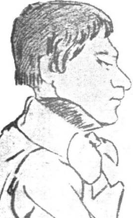 Pencil sketch of a man in profile with short hair and a high collared coat
