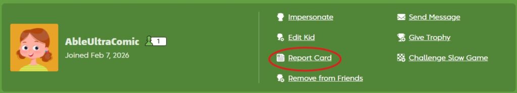 Screenshot of the parent account menu showing the Report Card feature circled in red.