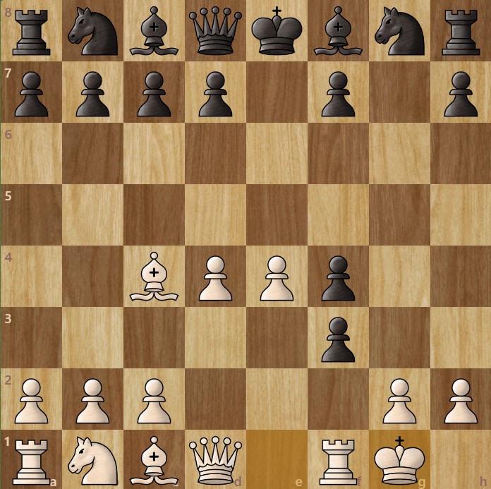 A chessboard diagram showing a chess trap in the Gulam-Kassim Gambit.