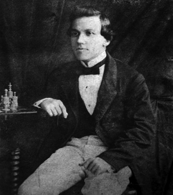 Picture of Paul Morphy seated at a chess table around age 20