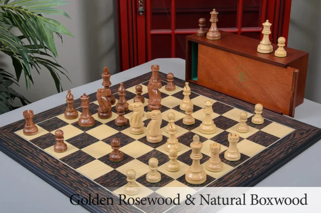 A luxury wood chess set with a sliding-top storage box.