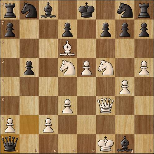 A wooden chess board with a game in progress. White has a significant material disadvantage.