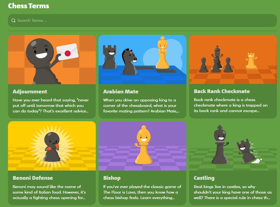 Screenshot of the chess glossary on ChessKid.com showing the first six entries