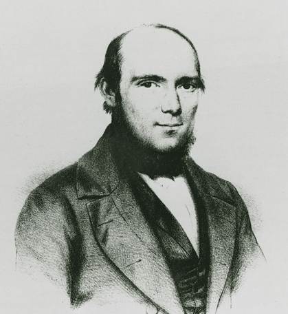 Engraved illustration of a smiling man with a beard and mid-1800s attire