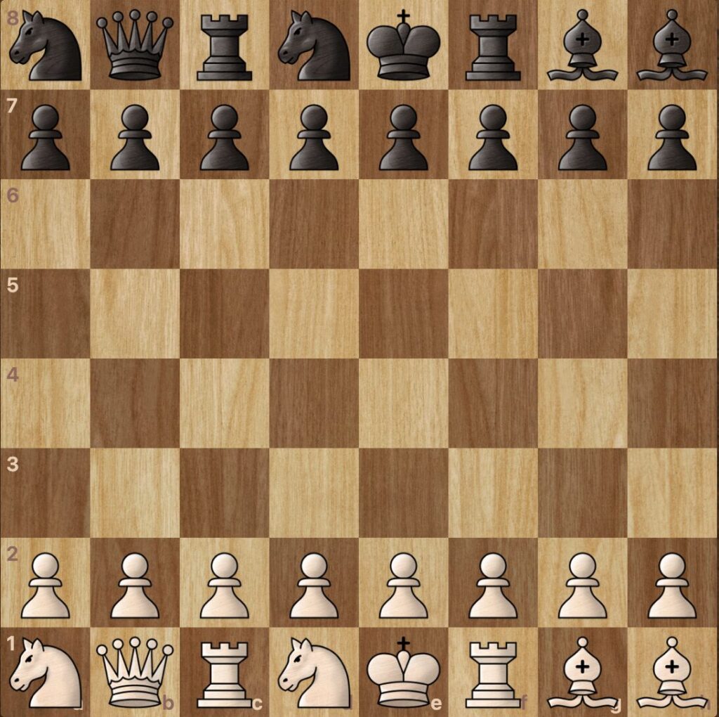 A chess board showing a starting position in freestyle chess.